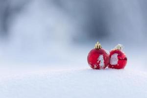 bolas de navidad rojas en nieve fresca foto