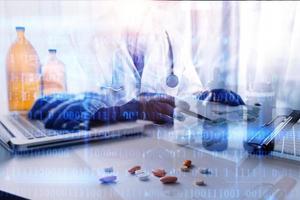Medicine doctor and stethoscope touching icon medical network connection with modern interface on digital tablet in hospital background. Medical technology network concept photo