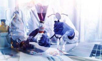 Medicine doctor and stethoscope touching icon medical network connection with modern interface on digital tablet in hospital background. Medical technology network concept photo