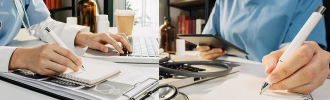 Medicine doctor and stethoscope touching icon medical network connection with modern interface on digital tablet in hospital background. Medical technology network concept photo