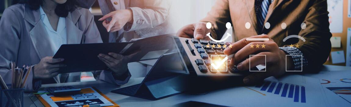 satisfaction survey and customer service Concept.business person using computer notebook To answer questionnaire And give satisfaction scores.Give very satisfied rating with smiley face icon 5 stars. photo