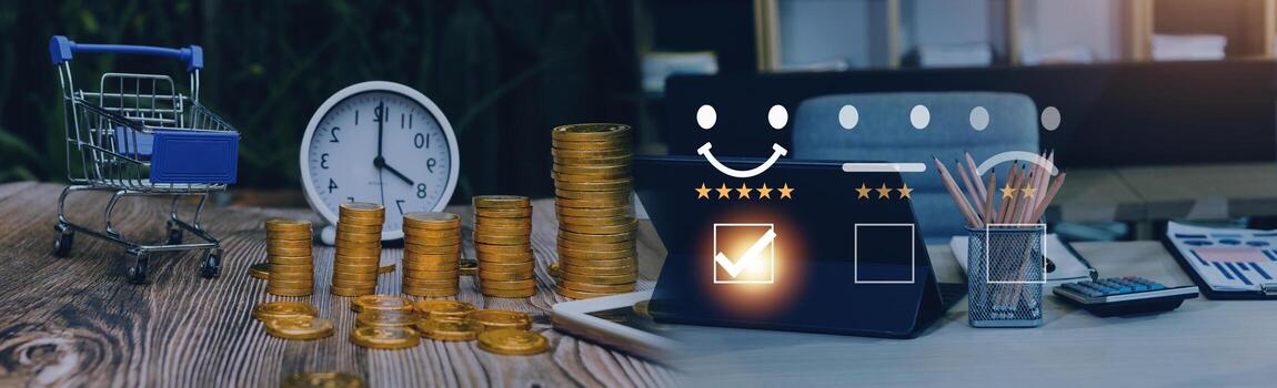 satisfaction survey and customer service Concept.business person using computer notebook To answer questionnaire And give satisfaction scores.Give very satisfied rating with smiley face icon 5 stars. photo