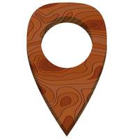 Wooden map pointer icon. Carved from wood in cartoon style, isolated on white background vector