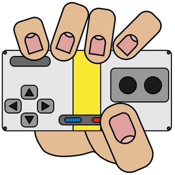 Hand holding joystick for game console, isolated on white background in cartoon style in vector graphic