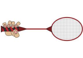 Hand holding badminton racket, isolated on white background in cartoon style in vector graphic