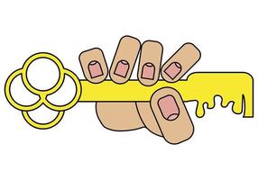 Hand holding golden key, isolated on white background in cartoon style in vector graphic