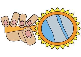 The hand is holding a mirror. Isolated on white background in cartoon style in vector graphic