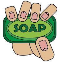 The hand holds soap. Isolated on white background in cartoon style in vector graphic