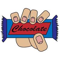 hand holding a chocolate bar. Isolated vector illustration on white background in cartoon style