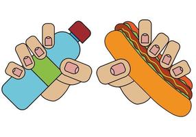 a bottle with a drink and a hot dog in the hands, the picture is isolated on a white background in a cartoon style in vector graphics