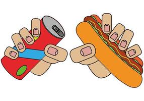 hot dog and a can of drink in hands, the picture is isolated on a white background in a cartoon style in vector graphics