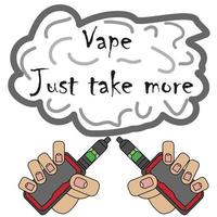 Vector vape shop illustration with hand holding electric tool for vaping. Vapor, electric cigarette, vaporizer e-cig icon. Comics cartoon style.