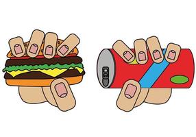 hamburger and can with drink in hands, picture isolated on white background in cartoon style in vector graphic