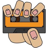 Hand holding a cassette for the player, isolated on white background in cartoon style in vector graphic