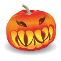 Scary pumpkin with huge teeth with a fiery glow inside. Vector isolated illustration on white background. Traditional decoration, halloween celebration symbol