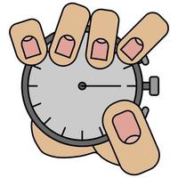 Hand holding a stopwatch, isolated on white background in cartoon style in vector graphic