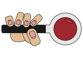 Hand holds individual warning round sign. Handheld baton. Vector linear icon on a white background.