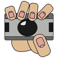 Hand holding camera, isolated on white background in cartoon style in vector graphic