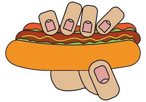 Hand holding hot dog, isolated on white background in cartoon style in vector graphic