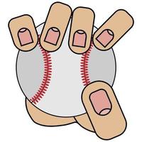 Hand holding baseball ball isolated on white background in cartoon style in vector graphic