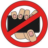 Hand holding smartphone, prohibition sign isolated on white background in cartoon style in vector graphic