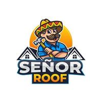 Mexican Man With Mustache Wearing Sombrero Hat and Hold Hammer For Home Roof Builder Repair and Service Mascot Logo vector