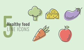 Five healthy food vector line icons on green background