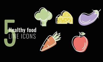 Five healthy food vector line icons on black background