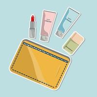 Vector sticker set with vector shadow yellow cosmetic bag with travel cosmetics