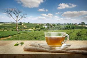 Cup of hot tea with sacking on the wooden table and the tea plantations background photo