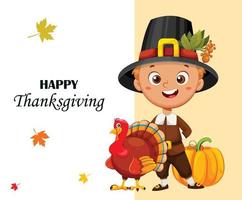 Happy Thanksgiving Day. Cute little pilgrim boy vector