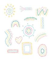 Vector set of different color doodle shapes. Abstract hand-drawn elements on white background