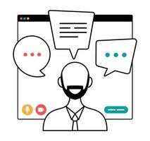 businessman chatting during video call outline illustration. man with chat bubble speech in computer window communication online conference concept portrait horizontal cartoon flat vector