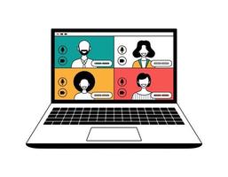 Online video conference concept. Illustration of Faces on Video Conference Call Screen. people connect together, learning or meeting online with teleconference vector