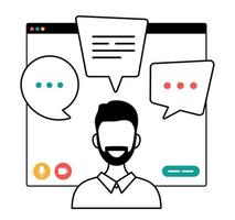 businessman chatting during video call outline illustration. man with chat bubble speech in computer window communication online conference concept portrait horizontal cartoon flat vector