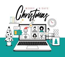 Christmas online greeting in outline style. people meeting online together with family or friends video calling on laptop virtual discussion. Group of people meeting via videoconference on xmas