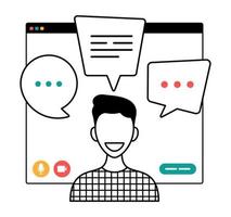 businessman chatting during video call outline illustration. man with chat bubble speech in computer window communication online conference concept portrait horizontal cartoon flat vector