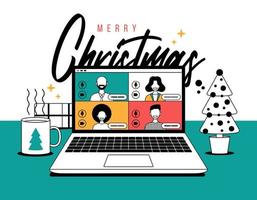 saludo de navidad en línea en estilo de esquema. personas que se reúnen en línea junto con familiares o amigos haciendo videollamadas en una discusión virtual de una computadora portátil. grupo de personas reunidas por videoconferencia en navidad vector