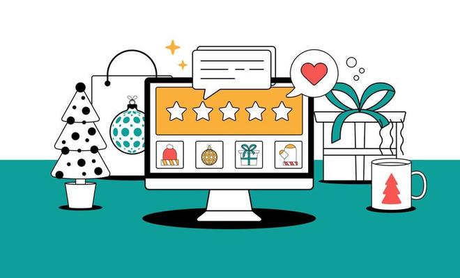 Online Christmas gift review or online shopping concept. Christmas shopping and feedback five orange stars flat vector illustration. Office desk with holiday elements