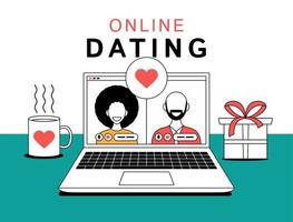 Online dating concept. Young people finding partners on dating website. Happy couple using computer for online video chat. Vector illustration for social media, love, romance concept