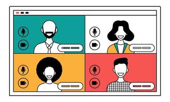 Online video conference concept. Illustration of Faces on Video Conference Call Screen. people connect together, learning or meeting online with teleconference vector