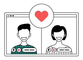 concepto de citas en línea. jóvenes que encuentran socios en el sitio web de citas. pareja feliz usando computadora para chat de video en línea. ilustración vectorial para redes sociales, amor, concepto de romance vector