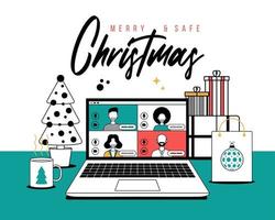 saludo de navidad en línea en estilo de esquema. personas que se reúnen en línea junto con familiares o amigos haciendo videollamadas en una discusión virtual de una computadora portátil. grupo de personas reunidas por videoconferencia en navidad vector