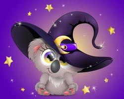 Cute fluffy funny cartoon Koala in witch hat with moon belt