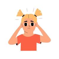 The child is suffering from a headache. Symptom of coronavirus, flu, disease. The girl put her hands on her head. Vector illustration in flat style