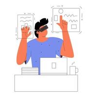 Concept AR and VR technologies. A man in augmented reality glasses works. Vector illustration in a flat style.