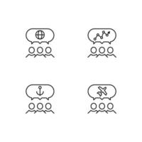 Monochrome elements perfect for adverts, stores, design etc. Editable stroke. Vector line icon set with symbols of globe, progress, anchor, plane inside of speech bubble by users