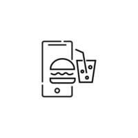 Vector sign suitable for web sites, apps, articles, stores etc. Simple monochrome illustration and editable stroke. Line icon of burger and soda on phone display