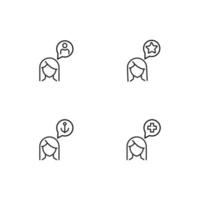 Monochrome elements perfect for adverts, stores, design etc. Editable stroke. Vector line icon set with symbols of user, star, anchor, cross inside of speech bubble by woman