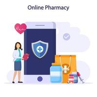 Vector illustration of online pharmacy store. Medicine ordering mobile app.